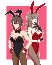Rule 34 | 2girls, animal ears, black bow, black bowtie, black gloves, black leotard, blush, bow, bowtie, breasts, brown eyes, brown hair, brown pantyhose, cleavage, closed mouth, covered navel, fake animal ears, girls und panzer, gloves, hands on own hips, large breasts, leotard, long hair, multiple girls, nishizumi maho, pantyhose, playboy bunny, rabbit ears, red leotard, shimada chiyo, short hair, simple background, torinone