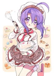 Rule 34 | 1girl, ahoge, baking, blush, breasts, chef hat, closed mouth, dough, dress, earrings, frilled dress, frills, hat, highres, jashin-chan dropkick, jewelry, looking at viewer, medium breasts, medusa (jashin-chan dropkick), official art, purple eyes, purple hair, short hair, smile, solo, tongue, tongue out, yukiwo