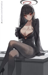 Rule 34 | 1girl, black bra, black footwear, black hair, black jacket, black pantyhose, black skirt, blue archive, blunt bangs, bra, breasts, bright pupils, cleavage, closed mouth, collarbone, crossed legs, desk, hair ornament, hairclip, halo, high heels, highres, holding, holding tablet pc, jacket, large breasts, long hair, long sleeves, looking at viewer, miniskirt, on desk, pantyhose, partially unbuttoned, patreon username, red eyes, rio (blue archive), simple background, sitting, skirt, solo, tablet pc, thighband pantyhose, underwear, white background, zefrableu
