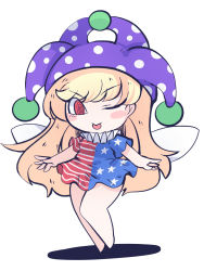 Rule 34 | 1girl, american flag dress, bare legs, barefoot, blonde hair, chahan (fried rice0614), closed mouth, clownpiece, dress, fairy, fairy wings, full body, hat, highres, jester cap, long hair, one-hour drawing challenge, one eye closed, polka dot, polka dot headwear, purple hat, red eyes, short sleeves, simple background, smile, solo, star (symbol), star print, striped clothes, striped dress, tongue, tongue out, touhou, white background, wings
