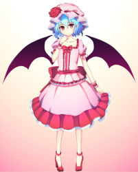 Rule 34 | 1girl, bat wings, blouse, blue hair, bow, dress, facing viewer, flower, frilled dress, frilled hat, frilled shirt, frilled skirt, frilled sleeves, frills, gradient background, hand on own chin, hat, hat flower, hat ribbon, head tilt, high heels, junior27016, large bow, layered dress, layered skirt, mob cap, no socks, pink dress, pink shirt, pink skirt, pointy ears, puffy sleeves, pumps, red eyes, red footwear, remilia scarlet, ribbon, rose, shirt, shoes, short hair, short sleeves, skirt, skirt set, smile, solo, standing, touhou, wings, wrist cuffs