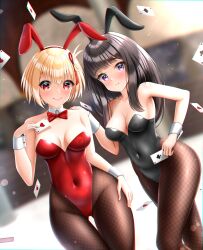 Rule 34 | 2girls, absurdres, ace (playing card), ace of clubs, ace of hearts, ace of spades, animal ears, black hair, black leotard, blonde hair, bow, bowtie, breasts, card, cleavage, club (shape), commission, covered navel, detached collar, dutch angle, fishnet pantyhose, fishnets, heart, highres, inoue takina, itacho (itasha draws), leotard, long hair, lycoris recoil, medium breasts, multiple girls, nishikigi chisato, pantyhose, playboy bunny, playing card, purple eyes, rabbit ears, red bow, red bowtie, red eyes, red leotard, short hair, spade (shape), thigh gap, wrist cuffs
