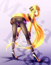 Rule 34 | 1girl, arc system works, artist request, ass, bent over, blonde hair, blue eyes, breasts, character name, dress, fingerless gloves, from behind, fur hat, gloves, guilty gear, guilty gear xrd, hat, high heels, leaning, leaning forward, long hair, looking back, millia rage, orange dress, pantyhose, short dress, solo, ushanka, very long hair