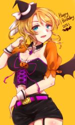 Rule 34 | 1girl, animal print, artist name, artist request, ayase eli, bare shoulders, bat print, bat wings, belt, black choker, black detached collar, black dress, black hat, black pants, black shorts, black wings, blonde hair, blue eyes, blush, bow, breasts, choker, cleavage, collarbone, crescent moon symbol, cross-laced clothes, cross-laced dress, detached collar, diamond (gemstone), dress, female focus, floating hair, frilled dress, frilled shorts, frills, hair between eyes, hair bow, hair ornament, hair scrunchie, half-closed eyes, halloween, hat, high ponytail, jewelry, long hair, looking at viewer, love live!, love live! school idol festival, love live! school idol project, medium breasts, midriff, mini hat, moon print, navel, necklace, pants, parted lips, pink belt, pink ribbon, pink scrunchie, ponytail, puffy short sleeves, puffy sleeves, pumpkin print, ribbon, scrunchie, short hair, short sleeves, shorts, smile, solo, which hat, white bow, white wrist cuffs, wing collar, wings, wrist cuffs, yellow background
