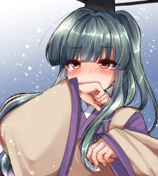Rule 34 | 1girl, black hat, blush, commentary request, covering own mouth, detached sleeves, gradient background, green hair, hand over own mouth, hat, highres, japanese clothes, kariginu, kimono, long hair, long sleeves, looking at viewer, mystical power plant, nose blush, original, ougi hina, purple kimono, red eyes, solo, suitokuin tenmu, tate eboshi, tearing up, touhou