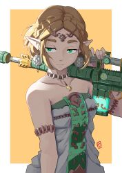 Rule 34 | 1girl, armlet, automatic giraffe, bare shoulders, choker, dress, earrings, green eyes, gun, highres, jewelry, nintendo, over shoulder, pointy ears, princess zelda, rifle, simple background, sleeveless, solo, the legend of zelda, the legend of zelda: tears of the kingdom, upper body, weapon, weapon over shoulder, white dress, zonai device