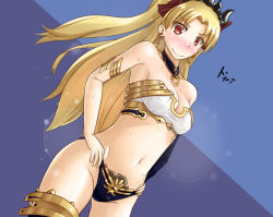 Rule 34 | 1girl, armlet, artist request, asymmetrical legwear, asymmetrical sleeves, bare legs, bare shoulders, bikini, black bikini, black detached sleeves, black panties, blonde hair, blue background, blush, breasts, cleavage, closed mouth, collar, cosplay, crown, detached sleeves, dutch angle, earrings, embarrassed, ereshkigal (fate), eyes visible through hair, fate/grand order, fate (series), female focus, hair ribbon, hands on own hips, hoop earrings, ishtar (fate), ishtar (fate) (cosplay), jewelry, legs, long hair, looking at viewer, medium breasts, midriff, navel, neck, panties, parted bangs, red eyes, red ribbon, revealing clothes, ribbon, shy, single sleeve, single thighhigh, smile, solo, standing, straight hair, strapless, strapless bikini, sweat, swimsuit, thighhighs, thighlet, tiara, tohsaka rin, two-tone background, two side up, type-moon, underwear, uneven legwear, uneven sleeves, white bikini