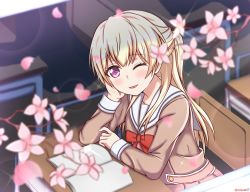 Rule 34 | 1girl, ;d, arm rest, bang dream!, blonde hair, blurry, blush, book, brown dress, buttons, chair, cheek rest, cherry blossoms, classroom, commentary request, depth of field, desk, double-breasted, dress, falling petals, hair between eyes, half updo, hanasakigawa school uniform, highres, lens flare, long hair, long sleeves, looking at viewer, neck ribbon, one eye closed, open book, open mouth, petals, purple eyes, red ribbon, reneua, ribbon, sailor collar, sailor dress, school chair, school desk, school uniform, shirasagi chisato, sidelocks, sitting, smile, solo, sparkle, twitter username, upper body, white sailor collar