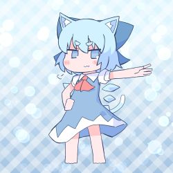 Rule 34 | 1girl, :3, absurdres, animal ears, ascot, blue background, blue bow, blue dress, blue eyes, bow, cat ears, cat tail, cirno, closed mouth, dress, full body, gradient background, grid background, hair bow, hand on own hip, highres, ice, ice wings, looking at viewer, outstretched arm, red ascot, short eyebrows, short sleeves, smile, solo, standing, tail, touhou, wings, zenerat