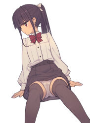 Rule 34 | 1girl, black hair, black skirt, black thighhighs, blunt bangs, blush, bow, bowtie, buttons, closed mouth, collared shirt, commentary, cowboy shot, dutch angle, everyntrge, flashing, highres, long sleeves, looking to the side, original, panties, ponytail, red bow, red bowtie, red eyes, shirt, sidelocks, simple background, sitting, skirt, solo, sweatdrop, thighhighs, underwear, white background, white panties, white shirt, zettai ryouiki