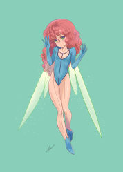 Rule 34 | 1girl, absurdres, arms up, blue background, blue footwear, blue gloves, blue leotard, boots, breasts, brown hair, brown pantyhose, cham fau, elbow gloves, fairy, fairy wings, full body, gloves, green eyes, groin, highleg, highleg leotard, highres, legs, leotard, long hair, pantyhose, seisenshi dunbine, simple background, small breasts, solo, thighs, umeno ryuuji, wings