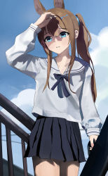 Rule 34 | 1girl, absurdres, amiya (arknights), animal ear fluff, animal ears, arknights, arm up, black bow, black skirt, blue eyes, blue sky, blush, bow, brown hair, cloud, commentary request, day, female focus, hair between eyes, highres, holding, long sleeves, outdoors, parted lips, pleated skirt, ponytail, puffy long sleeves, puffy sleeves, rabbit ears, railing, riel (ataraxia2334), sailor collar, shirt, sidelocks, skirt, sky, solo, white sailor collar, white shirt