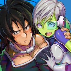 Rule 34 | 1boy, 1girl, alcoholrang, black eyes, black hair, blue eyes, blush, breast press, breasts, broly (dragon ball super), cheelai, chromatic aberration, colored skin, dragon ball, dragon ball super, dragon ball super broly, eyelashes, grabbing, green-tinted eyewear, green skin, hand on another&#039;s chest, hand on another&#039;s shoulder, happy, hetero, looking at viewer, muscular, pectoral grab, pectorals, scouter, short hair, smile, thick eyebrows, tinted eyewear, white hair