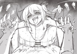 Rule 34 | 1boy, 1girl, baketsuya, blush, breasts, fangs, fingernails, flandre scarlet, holding hands, implied rape, interlocked fingers, looking at viewer, looking down, open mouth, pov, pov hands, shaded face, sharp fingernails, side ponytail, small breasts, smile, solo focus, spread legs, squatting cowgirl position, sweat, tongue, tongue out, touhou