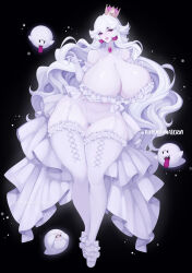 Rule 34 | 1girl, black background, blush, boo (mario), breasts, colored skin, crown, curvy, earrings, elbow gloves, female focus, full body, gigantic breasts, gloves, highres, jewelry, long hair, luigi&#039;s mansion, mario (series), new super mario bros. u deluxe, nintendo, parted lips, princess king boo, red eyes, solo, thick thighs, thighhighs, thighs, tongue, tongue out, tundromaiden, very long hair, white hair, white skin, wide hips