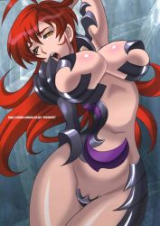 Rule 34 | 00s, 1girl, :o, ahoge, amaha masane, arched back, arm behind head, arm up, armor, armpits, bikini armor, black sclera, body blush, breasts, center opening, cleavage, colored sclera, cowboy shot, curvy, facial mark, groin, hair between eyes, highres, hip focus, huge breasts, jpeg artifacts, large breasts, long hair, looking at viewer, maebari, mature female, midriff, narrow waist, naughty face, navel, open mouth, orange eyes, red hair, revealing clothes, scan, shiny skin, solo, tattoo, thighs, very long hair, watermark, web address, wide hips, witchblade, yukiyanagi