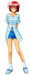 Rule 34 | 1990s (style), 1girl, arms behind back, blue eyes, full body, highres, hinomoto hikari, kokura masashi, looking at viewer, mole, mole under eye, non-web source, partially unbuttoned, red hair, retro artstyle, short hair, short sleeves, shorts, simple background, slippers, smile, solo, standing, tokimeki memorial, tokimeki memorial 2, white background