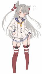 Rule 34 | 1girl, alternate color, amatsukaze (kancolle), black panties, blue sailor collar, chigasaki yukari, commentary request, cropped legs, dress, feet out of frame, garter straps, grey hair, hair tubes, hat, highres, kantai collection, lifebuoy ornament, long hair, mini hat, neckerchief, panties, red thighhighs, sailor collar, sailor dress, see-through, short dress, simple background, smokestack hair ornament, solo, striped clothes, striped thighhighs, thighhighs, two side up, underwear, white background, white dress, yellow neckerchief