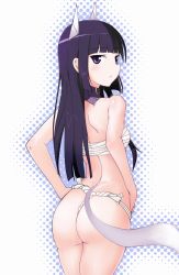 Rule 34 | 1girl, aegis (nerocc), anabuki tomoko, animal ears, ass, black hair, female focus, fox ears, fox tail, from behind, fundoshi, hime cut, japanese clothes, looking at viewer, looking back, purple eyes, sarashi, solo, strike witches, strike witches: suomus misfits squadron, tail, world witches series