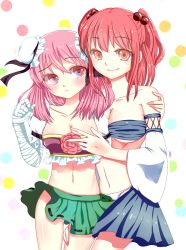 Rule 34 | 2girls, adapted costume, bandaged arm, bandages, bare shoulders, blue skirt, blush, body blush, breasts, cleavage, crop top, detached sleeves, double bun, flower, hair bobbles, hair bun, hair ornament, hand on another&#039;s chest, hand on another&#039;s thigh, hand on thigh, ibaraki kasen, large breasts, looking at another, midriff, miniskirt, multiple girls, off shoulder, onozuka komachi, panties, pink eyes, pink flower, pink hair, pink rose, puffy short sleeves, puffy sleeves, rose, shiny skin, short hair, short sleeves, short twintails, shouko (airen), skirt, smile, touhou, twintails, two side up, underboob, underwear, white panties, wide sleeves, yuri