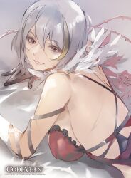 Rule 34 | 1girl, artist request, back, breasts, code vein, commentary request, dress, eva roux, feather boa, gloves, grey hair, highres, large breasts, lying, medium hair, multicolored hair, official art, on stomach, red dress, scar, scar on arm, scar on back, scar on face, smile, streaked hair