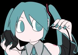 Rule 34 | 1girl, android, battery indicator, black background, blue eyes, blue hair, blue nails, blue necktie, cable, charging device, closed mouth, collared shirt, detached sleeves, earphones, explosion psycho, expressionless, flat color, grey shirt, hair ornament, hands up, hatsune miku, highres, holding, holding cable, holding earphones, long hair, necktie, portrait, shirt, shoulder tattoo, sideways glance, simple background, sleeveless, sleeveless shirt, solo, symbol in eye, tattoo, twintails, vocaloid