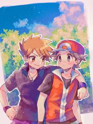 Rule 34 | 2boys, arm around shoulder, baseball cap, blue oak, blush, brown eyes, brown hair, closed mouth, cloud, creatures (company), day, eye contact, foliage, game freak, grey hair, hanenbo, hat, highres, jacket, jewelry, looking at another, male focus, multiple boys, necklace, nintendo, outdoors, pants, pokemon, pokemon frlg, purple pants, purple wristband, red (pokemon), shirt, short sleeves, sky, smile, wristband