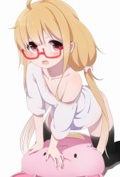 Rule 34 | 10s, 1girl, :3, ahoge, bent over, bespectacled, black thighhighs, blonde hair, blush, bow, brown eyes, collarbone, flat chest, futaba anzu, glasses, hair bow, hand rest, idolmaster, idolmaster cinderella girls, kneeling, long hair, looking at viewer, low twintails, no pants, off shoulder, open mouth, oversized clothes, polka dot, polka dot bow, ratsuku kinoko, red-framed eyewear, semi-rimless eyewear, shadow, shirt, short sleeves, sidelocks, simple background, solo, spread legs, stuffed animal, stuffed rabbit, stuffed toy, t-shirt, teeth, thighhighs, twintails, under-rim eyewear, very long hair, white background, white bow, white shirt