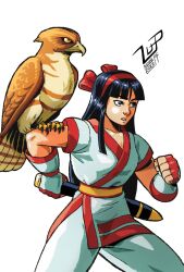 Rule 34 | 1girl, ainu clothes, artist name, blue eyes, blue hair, breasts, clenched hand, fighting stance, fingerless gloves, gloves, hair ribbon, highres, legs, long hair, mamahaha, nakoruru, pants, parted lips, ribbon, samurai spirits, small breasts, snk, the king of fighters, thighs, weapon