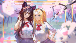 Rule 34 | 2girls, ahri (league of legends), alternate costume, black hair, black hairband, blouse, blue eyes, blush, bow, bowtie, breasts, brown eyes, brown hair, chibi vanille, closed mouth, collared shirt, hair between eyes, hairband, hand up, highres, large breasts, league of legends, long hair, long sleeves, lux (league of legends), multiple girls, open mouth, parted bangs, petals, pleated skirt, purple skirt, red bow, red bowtie, school uniform, shirt, short sleeves, skirt, smile, white shirt