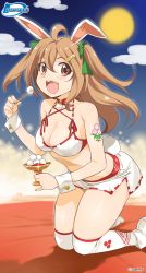 Rule 34 | 1girl, animal ears, arm tattoo, bare shoulders, bikini, bow, breasts, brown eyes, brown hair, cleavage, cloud, collar, cuff links, food, green bow, hair bow, hair ornament, hairclip, highres, inoue sora, kneeling, long hair, looking at viewer, medium breasts, midori-chan (myslot), mochi, myslot, open mouth, over-kneehighs, rabbit ears, rabbit girl, rabbit tail, smile, solo, swimsuit, tail, tattoo, thighhighs, two side up, white thighhighs, wrist cuffs