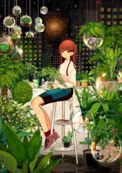 Rule 34 | 1girl, apron, balcony, blunt bangs, bonsai, book, bookmark, bowl, building, chair, city, garden, glass, green eyes, highres, holding, lamp, leaf, long hair, long sleeves, looking at viewer, md5 mismatch, night, night sky, on chair, original, pencil skirt, plant, potted plant, red footwear, red hair, red socks, resolution mismatch, shoes, sitting, skirt, sky, sneakers, socks, solo, source smaller, sumomo (woooooxoxo), sweater, turtleneck, vines, water