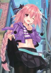 Rule 34 | 1boy, ;d, absurdres, androgynous, astolfo (fate), astolfo (memories at trifas) (fate), black bow, black pantyhose, black scrunchie, black skirt, blue sky, bow, braid, clothes lift, collarbone, crossdressing, day, fate/grand order, fate (series), from below, hair bow, hair ornament, hair scrunchie, highres, index finger raised, jacket, kobuichi, long hair, looking at viewer, male focus, midriff, miniskirt, navel, official alternate costume, one eye closed, open clothes, open jacket, open mouth, outdoors, pantyhose, pink eyes, pink hair, pleated skirt, ponytail, purple jacket, scrunchie, single braid, skirt, skirt lift, sky, smile, solo, stomach, striped, thigh strap, thighband pantyhose, trap, very long hair