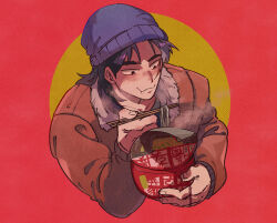 Rule 34 | 1boy, :t, beanie, black eyes, black hair, black shirt, bomber jacket, brown jacket, chopsticks, closed mouth, commentary request, cup ramen, donbee (food), donbei tempura soba, eating, facial scar, food, grey hat, hat, highres, holding, holding chopsticks, holding food, instant ramen, instant soba, inudori, itou kaiji, jacket, kaiji, long hair, long sleeves, looking at food, male focus, medium bangs, nissin donbei, red background, scar, scar on cheek, scar on face, scar on hand, shirt, solo, steam, upper body