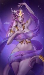 Rule 34 | 1girl, absurdres, amori sama, artist name, blush, breasts, collarbone, colored sclera, draenei, dragon horns, highres, horns, large areolae, large breasts, lightforged draenei, long hair, looking at viewer, navel, nipples, pink hair, pointy ears, purple ribbon, pussy, ribbon, see-through, see-through ribbon, signature, solo, tail, tail ornament, tail ring, twitter username, warcraft, watermark, web address, yellow eyes, yellow sclera