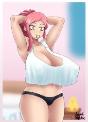 Rule 34 | 1girl, :p, absurdres, armpits, azraelwebster, bare shoulders, boku no hero academia, breasts, hatsume mei, highres, indoors, large breasts, looking down, medium hair, mouth hold, panties, pink hair, ponytail, smile, solo, tank top, thick thighs, thighs, tongue, tongue out, underwear, upper body, yellow eyes
