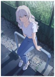 Rule 34 | 1girl, ahoge, blue pants, commentary, cropped shirt, denim, fence, from above, full body, grass, grey eyes, grey hair, highres, jeans, kamo kamen, looking at viewer, m (kamo kamen), midriff, navel, original, pants, shirt, shoes, sitting, sneakers, solo, t-shirt