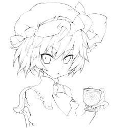 Rule 34 | 1girl, :o, ascot, blush, chair, cup, female focus, greyscale, hage, hat, highres, lineart, looking at viewer, monochrome, open mouth, pinky out, remilia scarlet, short hair, sitting, solo, touhou, tsurime, upper body