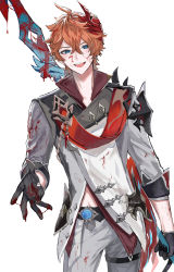 Rule 34 | 1boy, artist name, bishounen, blood, blue eyes, commentary, commentary request, cowboy shot, genshin impact, gloves, looking at viewer, male focus, mask, mask on head, open mouth, orange hair, reaching, reaching towards viewer, red mask, scarf, short hair, simple background, smile, solo, tartaglia (genshin impact), ueauwa, vision (genshin impact), weapon, white background