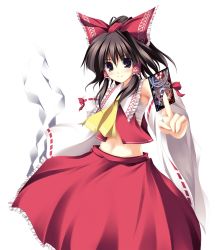 Rule 34 | 1girl, brown eyes, brown hair, card, detached sleeves, female focus, gohei, hair ribbon, hakurei reimu, highres, holding, holding card, japanese clothes, midriff, miko, navel, non-web source, ponytail, ribbon, solo, spell card, tateha (marvelous grace), touhou