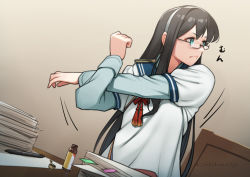 Rule 34 | 1girl, black hair, blue eyes, blue sailor collar, bottle, chair, commentary request, dutch angle, hairband, kantai collection, long hair, looking to the side, nikuoji, ooyodo (kancolle), paper stack, pen, sailor collar, school uniform, semi-rimless eyewear, serafuku, solo, stretching, under-rim eyewear, white hairband