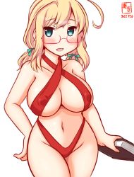 Rule 34 | 1girl, ahoge, alternate costume, artist logo, bikini, blonde hair, blue eyes, book, breasts, commentary request, covered erect nipples, cowboy shot, dated, glasses, green eyes, highleg, highleg swimsuit, i-8 (kancolle), kanon (kurogane knights), kantai collection, large breasts, long hair, looking at viewer, low twintails, navel, one-hour drawing challenge, pretzel bikini, red bikini, simple background, slingshot swimsuit, solo, swimsuit, twintails, white background