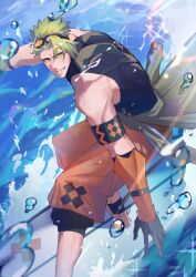 Rule 34 | 1boy, achilles (fate), ankleband, armband, barefoot, black shirt, clothes around waist, fate/grand order, fate (series), gauntlets, goggles, goggles on head, green hair, grin, haruakira, highres, jacket, jacket around waist, looking at viewer, male focus, muscular, muscular male, orange eyes, orange pants, pants, shirt, sleeveless, sleeveless shirt, smile, solo, summer, surfing, water drop, waves