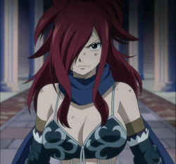 Rule 34 | 1girl, bare shoulders, breasts, cleavage, erza knightwalker, erza scarlet, fairy tail, hair over one eye, red hair, scarf, screencap, solo, stitched, third-party edit