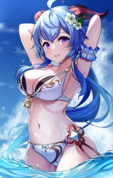 Rule 34 | 1girl, absurdres, ahoge, armband, armpits, arms up, bell, bikini, blue hair, blue sky, blush, breasts, cleavage, collarbone, commentary request, day, frilled armband, frills, ganyu (genshin impact), gem, genshin impact, highres, horns, long hair, looking at viewer, medium breasts, navel, ocean, outdoors, parted lips, partially submerged, purple eyes, sideboob, sky, smile, solo, standing, stomach, swimsuit, tenneko yuuri, very long hair, wet, white bikini