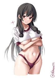 Rule 34 | 1girl, alternate costume, black hair, blush, breasts, closed mouth, cropped legs, crossed arms, ebifurya, groin, hair ribbon, highleg, highres, isokaze (kancolle), kantai collection, large breasts, light smile, long hair, looking at viewer, navel, one-hour drawing challenge, red eyes, ribbon, shirt, short sleeves, sidelocks, simple background, skindentation, solo, sparkle, thighs, tress ribbon, twitter username, underboob, very long hair, white background, white shirt