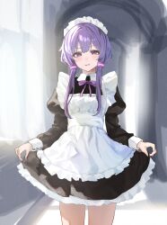 Rule 34 | 1girl, alternate costume, apron, black skirt, closed mouth, clothes lift, enmaided, hair ornament, highres, lifting own clothes, long sleeves, looking at viewer, low twintails, maid, maid apron, maid headdress, miyota, neck ribbon, puffy long sleeves, puffy sleeves, purple eyes, purple hair, purple ribbon, ribbon, skirt, skirt lift, solo, standing, thighs, twintails, voiceroid, white apron, yuzuki yukari