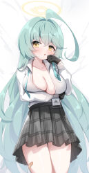Rule 34 | 1girl, ?, ahoge, aqua hair, blue archive, blush, breasts, cleavage, collarbone, gloves, green eyes, halo, highres, id card, large breasts, long hair, looking at viewer, school uniform, simple background, solo, sweat, thighs, umou (may65879), very long hair, white background, yellow eyes, yume (blue archive)