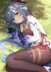 Rule 34 | bell, blue hair, blush, bodystocking, day, detached sleeves, ganyu (genshin impact), genshin impact, gloves, goat horns, grass, gya (144), highres, horns, long hair, looking at viewer, lying, neck bell, on side, parted lips, pink eyes, ponytail, shadow, shoes, solo, thighs