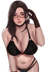 Rule 34 | 1girl, bra, breasts, brown hair, cleavage, dead or alive, earrings, edmun6969, facing viewer, glasses, gloves, highres, jewelry, lace, lace-trimmed bra, lace trim, large breasts, leaning forward, looking at viewer, panties, sayuri, simple background, underwear, white background